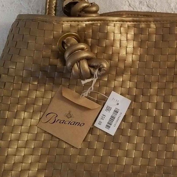 NEW Gold Woven Faux-Leather Handbag/Tote, Leopard Print Interior - Picture 4 of 6